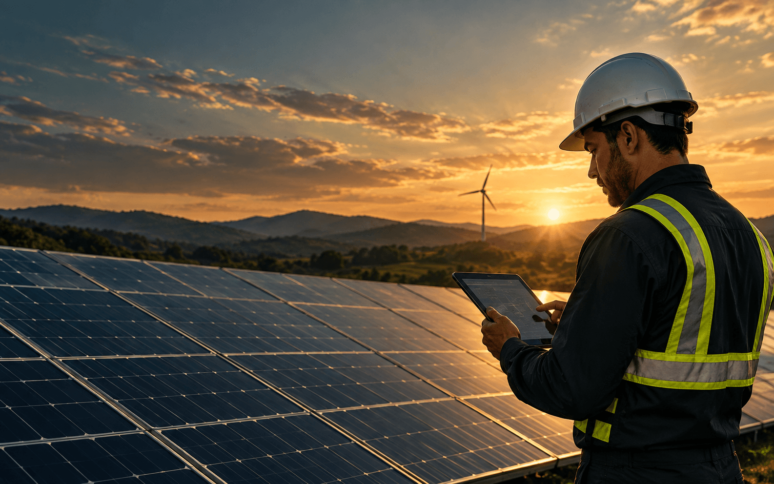 Engenheiro inspecionando uma instalação solar